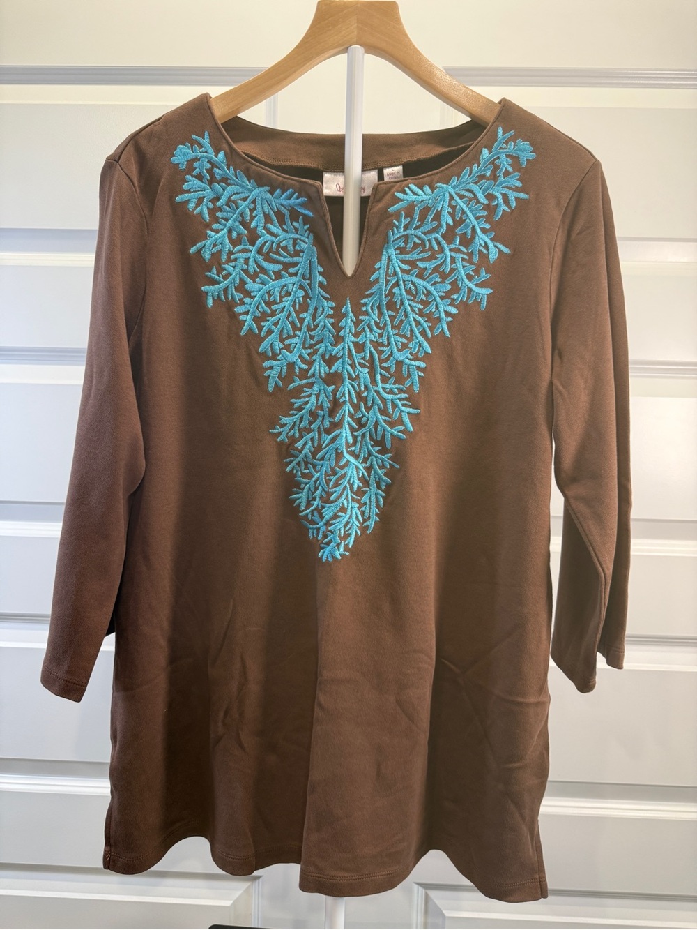 Brown Women's Embroidered V-Neck Tunic with Turquoise Detail